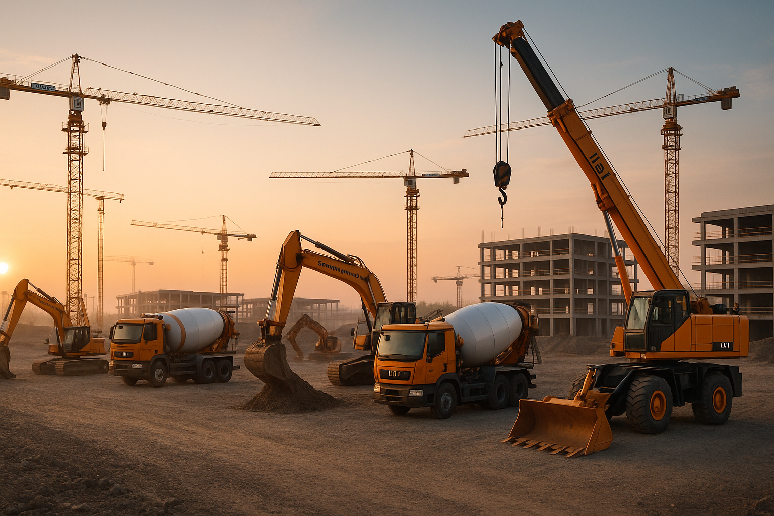 Construction site with cranes, excavators, and concrete trucks